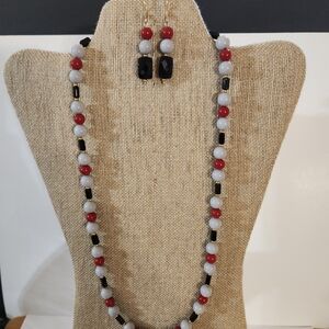 Hand Crafted Red Gray and Black Beaded Necklace Set Drop Earrings Long Necklace